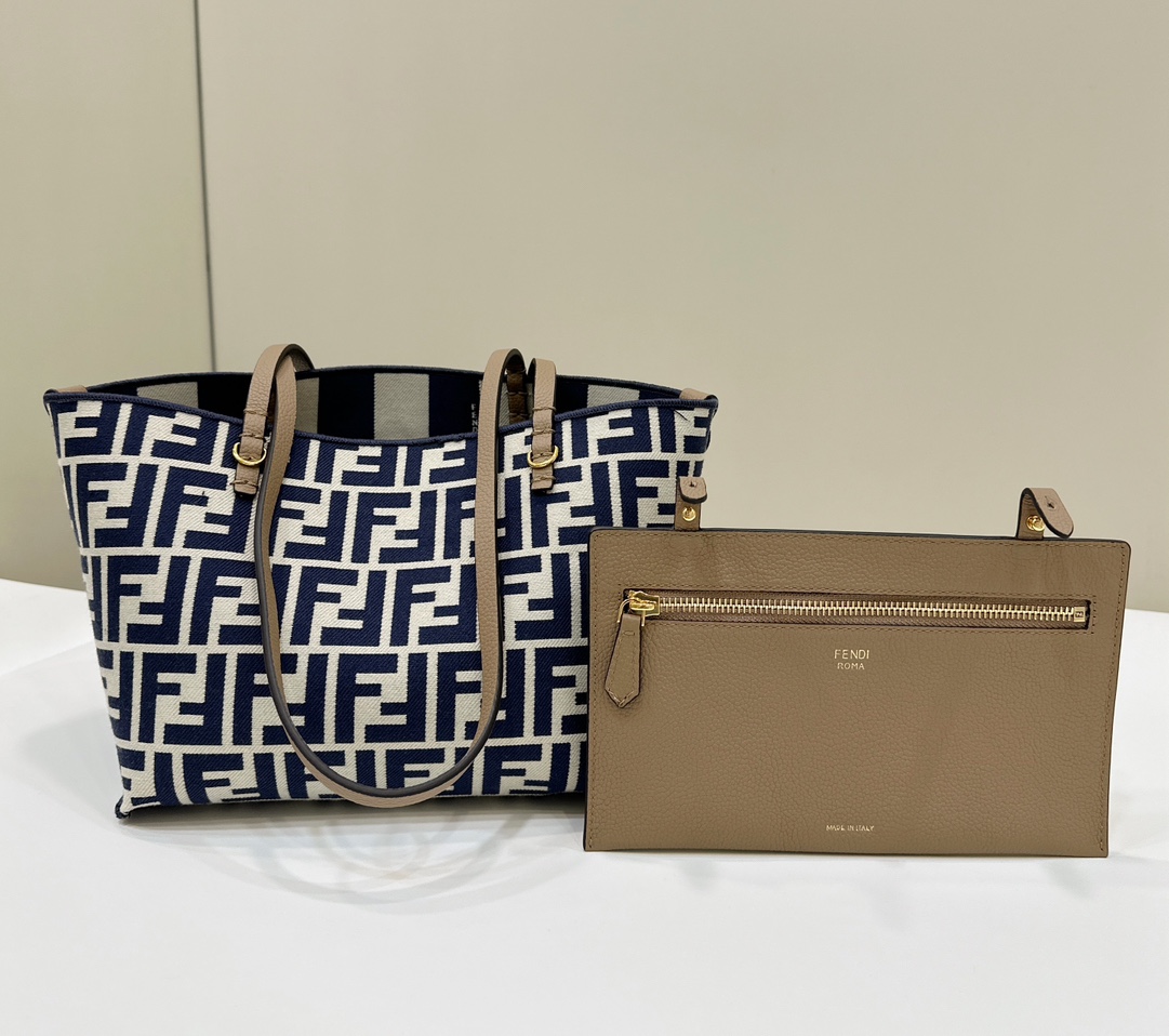 Fendi Small Roll Reversible Shopper Bag in Pequin Striped and Midnight Blue FF Fabric